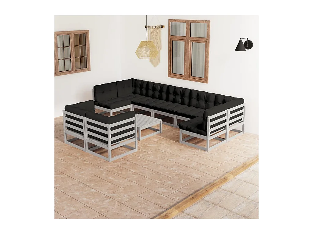 Salon de jardin 10 pcs avec coussins Gris Bois de pin massif