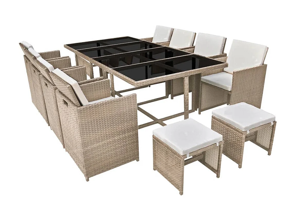 Set da Pranzo da Giardino 13 pz con Cuscini in Polyrattan Beige