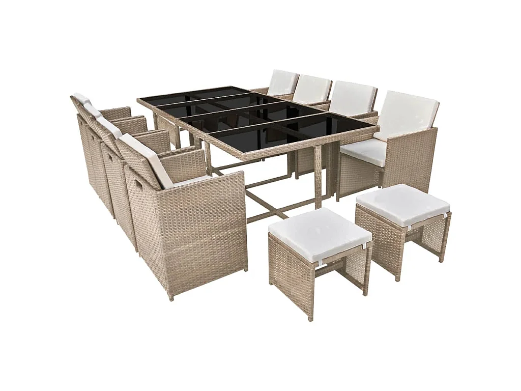 13-tlg. Garten-Essgruppe mit Auflagen Poly Rattan Beige