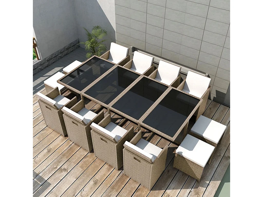 13-tlg. Garten-Essgruppe mit Auflagen Poly Rattan Beige