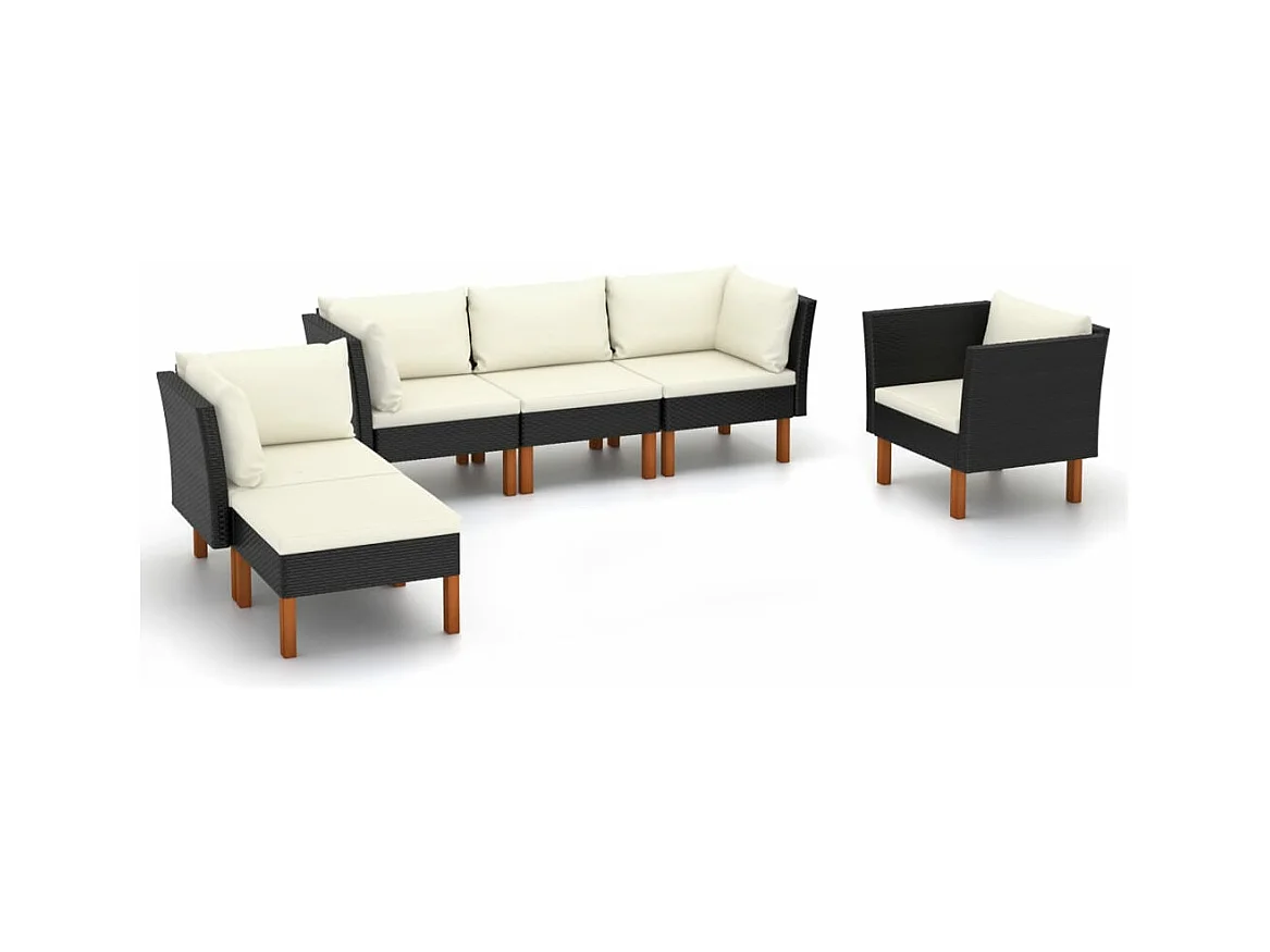 6-tlg. Garten-Lounge-Set Poly Rattan Eukalyptusholz Schwarz