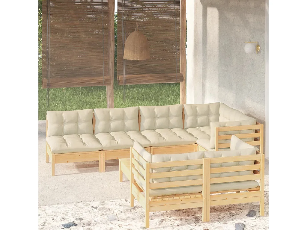 Set Divani da Giardino 8 pz con Cuscini Crema in Massello di Pino
