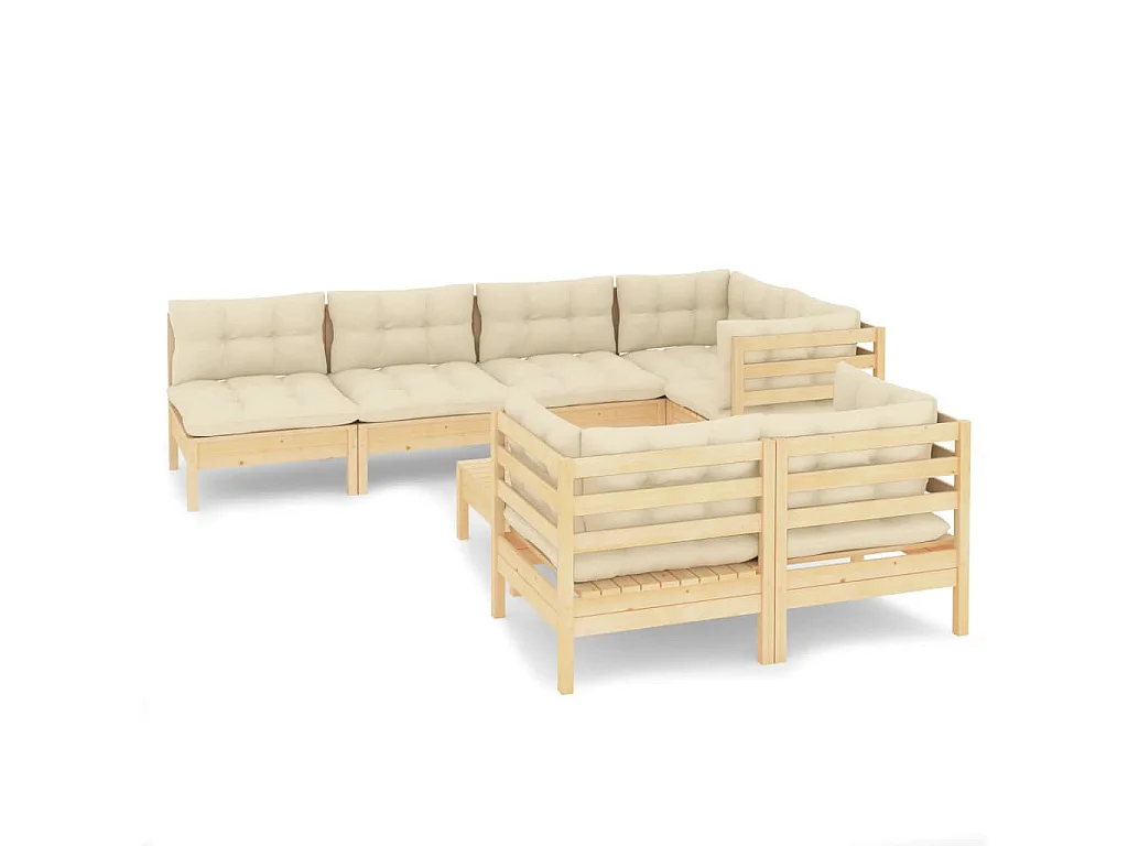 Set Divani da Giardino 8 pz con Cuscini Crema in Massello di Pino