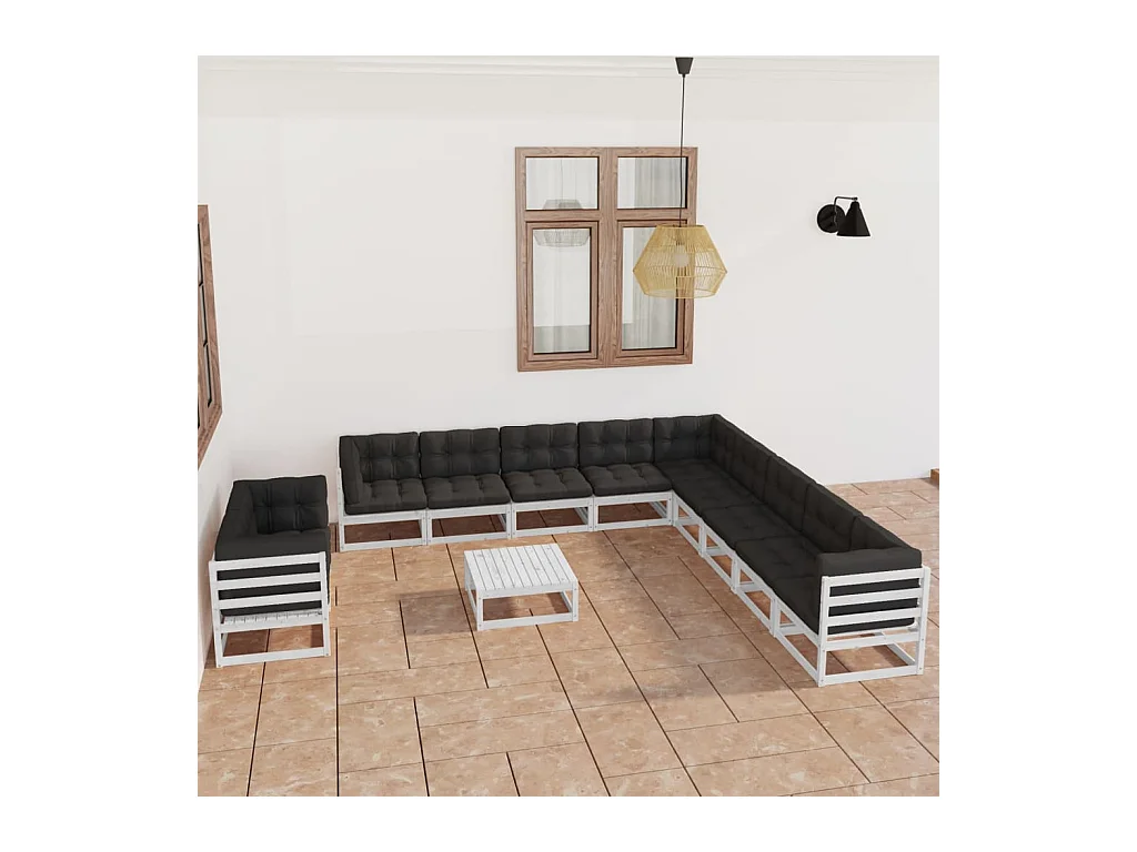 Set Divani da Giardino 12 pz Cuscini Bianchi Massello di Pino