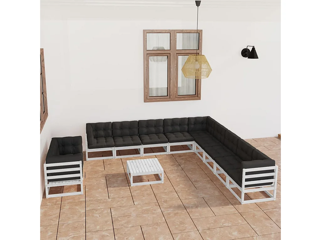 Set Divani da Giardino 12 pz Cuscini Bianchi Massello di Pino