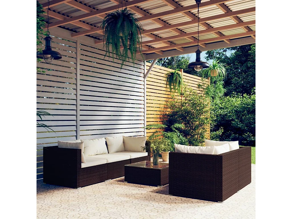 6-tlg. Garten-Lounge-Set mit Kissen Poly Rattan Braun
