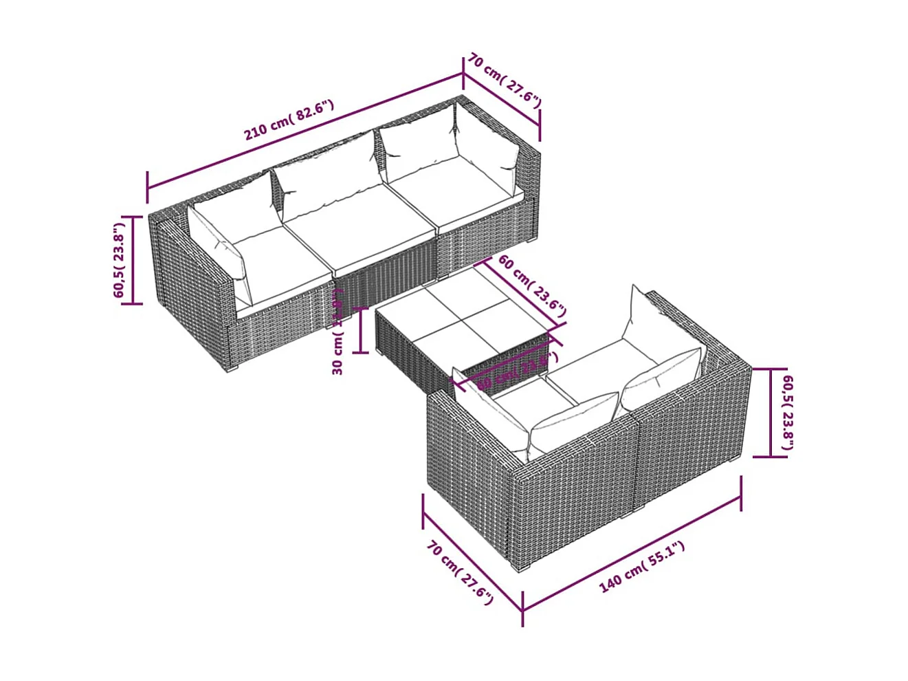 6-tlg. Garten-Lounge-Set mit Kissen Poly Rattan Braun