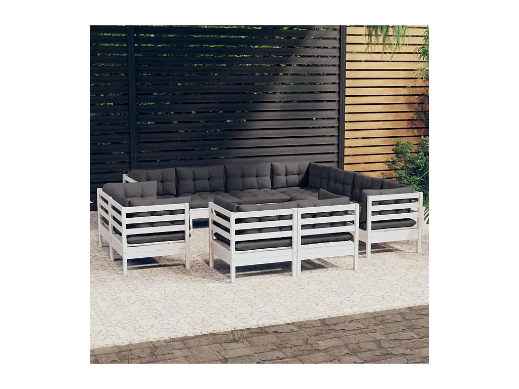 Salon de jardin 11 pcs avec coussins blanc bois de pin solide