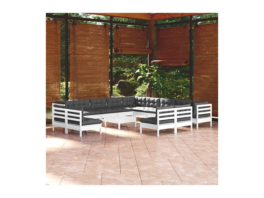Salon de jardin 14 pcs avec coussins blanc bois de pin solide