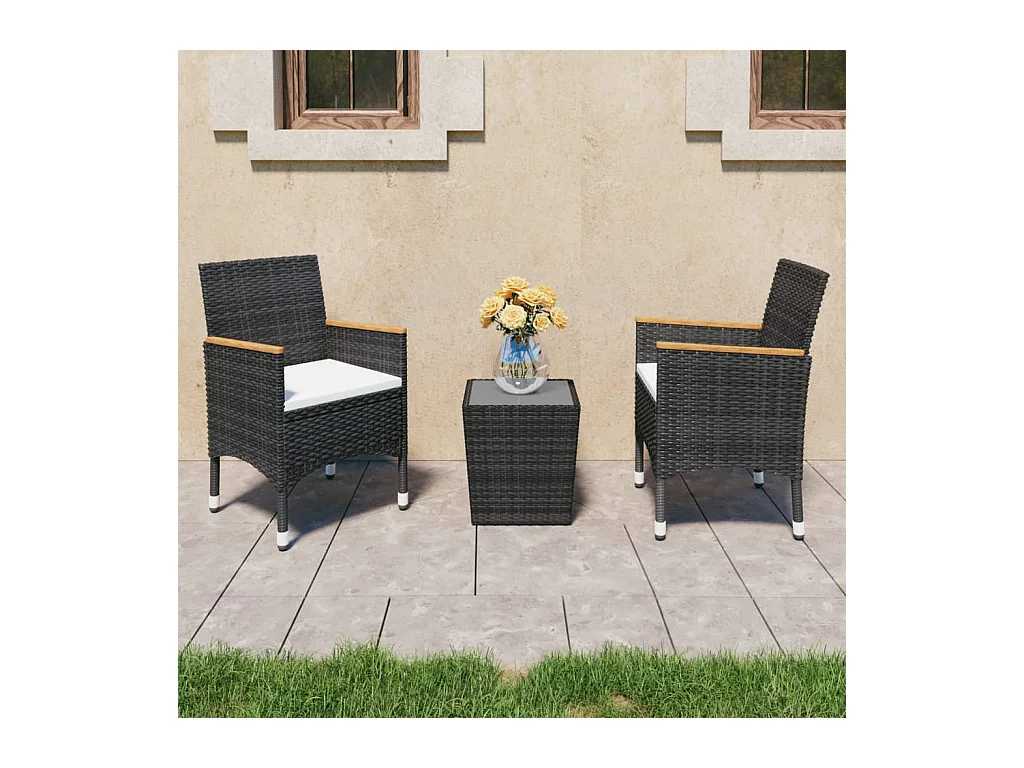 Ensemble de bistro 3 pcs Résine tressée et verre trempé Noir