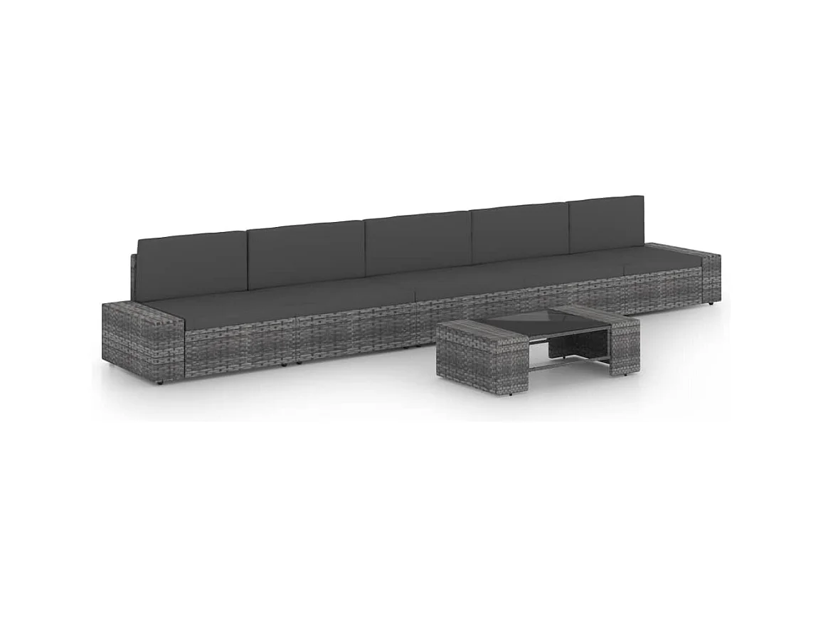 Salon de jardin 6 pcs avec coussins Gris Résine tressée