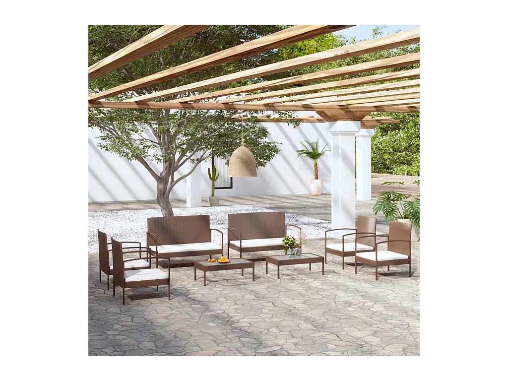 8-delige Loungeset met kussens poly rattan bruin