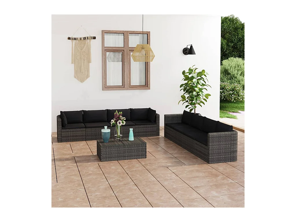 Salon de jardin 9 pcs avec coussins Résine tressée Gris