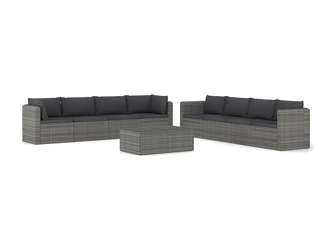 Salon de jardin 9 pcs avec coussins Résine tressée Gris