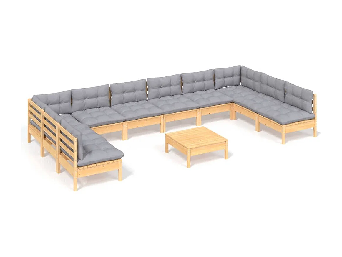 Salon de jardin 11 pcs avec coussins gris Bois de pin solide