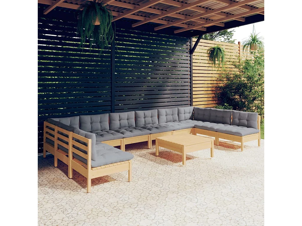 11pcs conjunto lounge de jardim + almofadões cinza pinho maciço