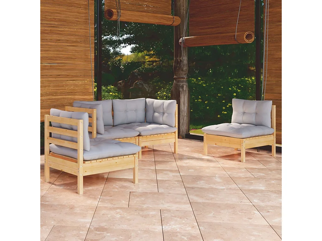 Set Divani da Giardino 4 pz con Cuscini Grigi Massello di Pino