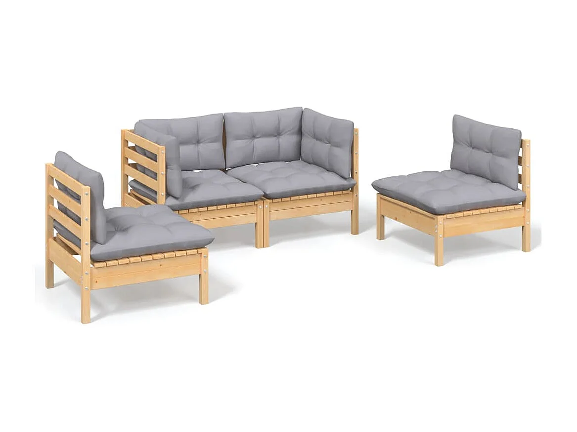 Set Divani da Giardino 4 pz con Cuscini Grigi Massello di Pino