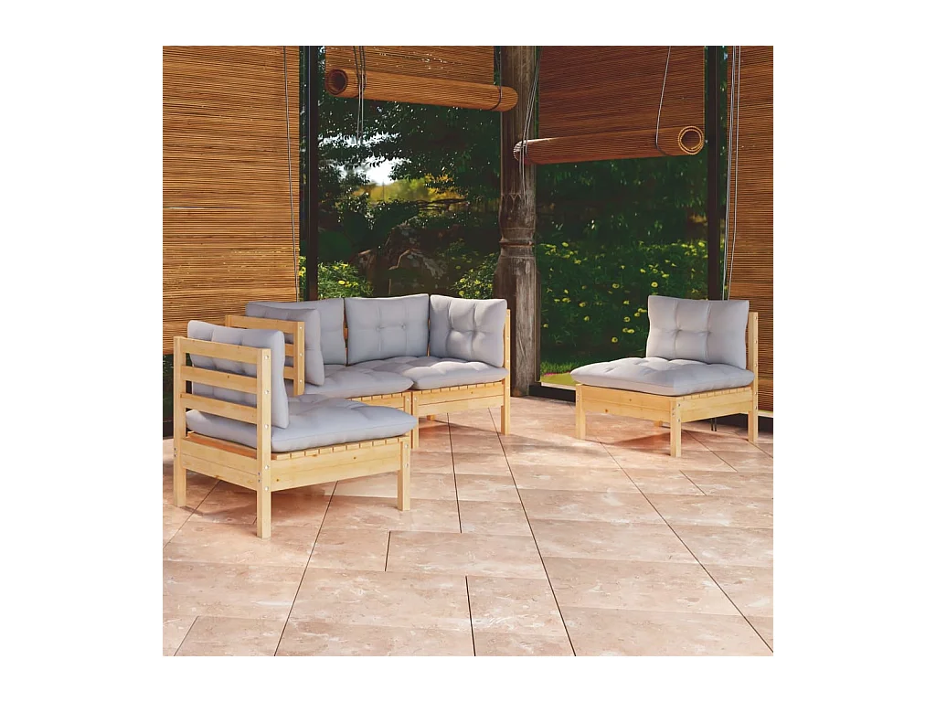 4-tlg. Garten-Lounge-Set mit Grauen Kissen Kiefer Massivholz