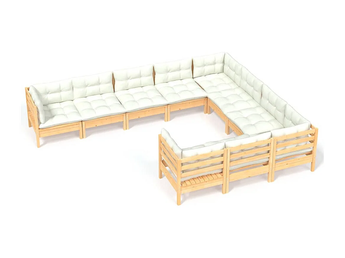 Salon de jardin 10 pcs avec coussins crème Bois de pin
