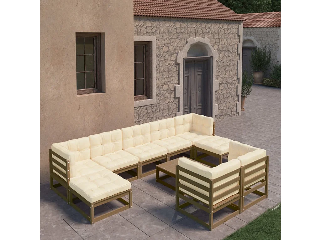 Salon de jardin 10 pcs avec coussins Marron miel Bois de pin