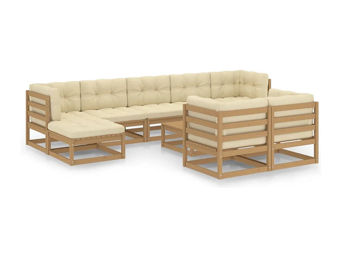 Salon de jardin 10 pcs avec coussins Marron miel Bois de pin