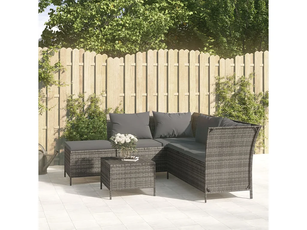 Salon de jardin 4 pcs avec coussins Gris Résine tressée