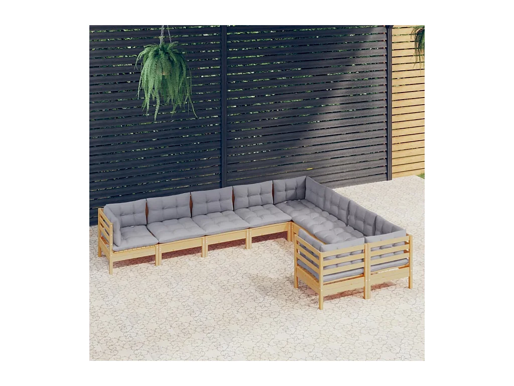 Set Divani da Giardino 9 pz con Cuscini Grigi Massello di Pino