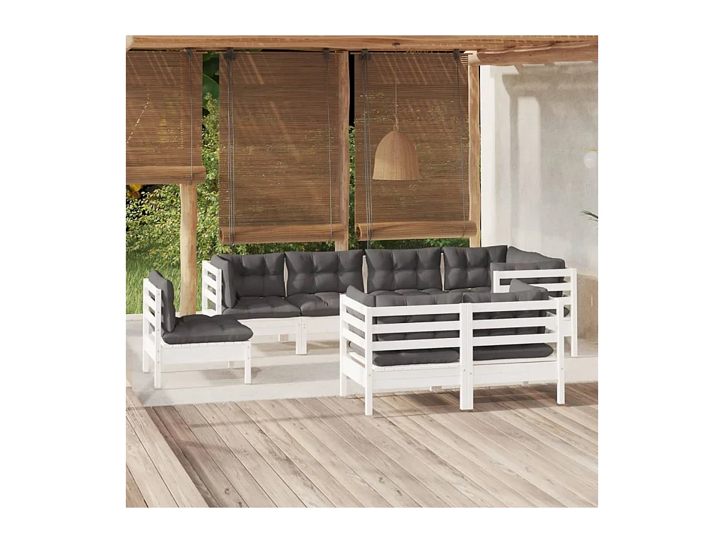Set Divani da Giardino 8 pz con Cuscini Bianchi Legno di Pino