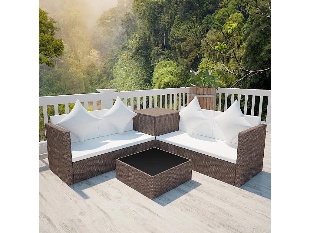 Set muebles de jardín 4 piezas y cojines ratán sintético marrón