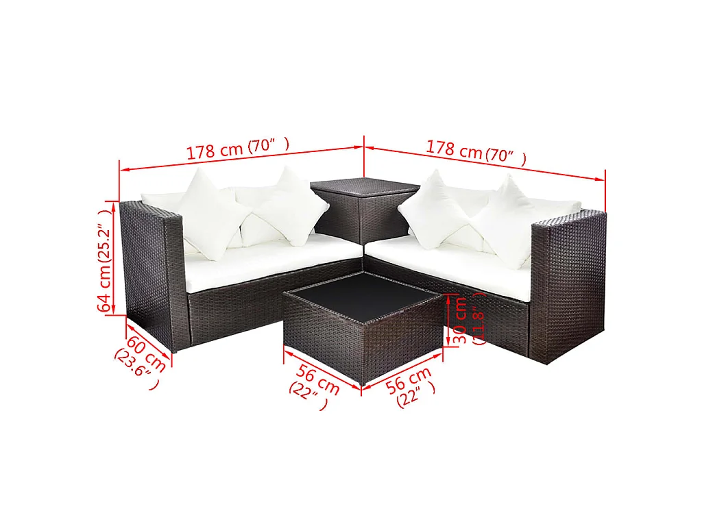 Set muebles de jardín 4 piezas y cojines ratán sintético marrón