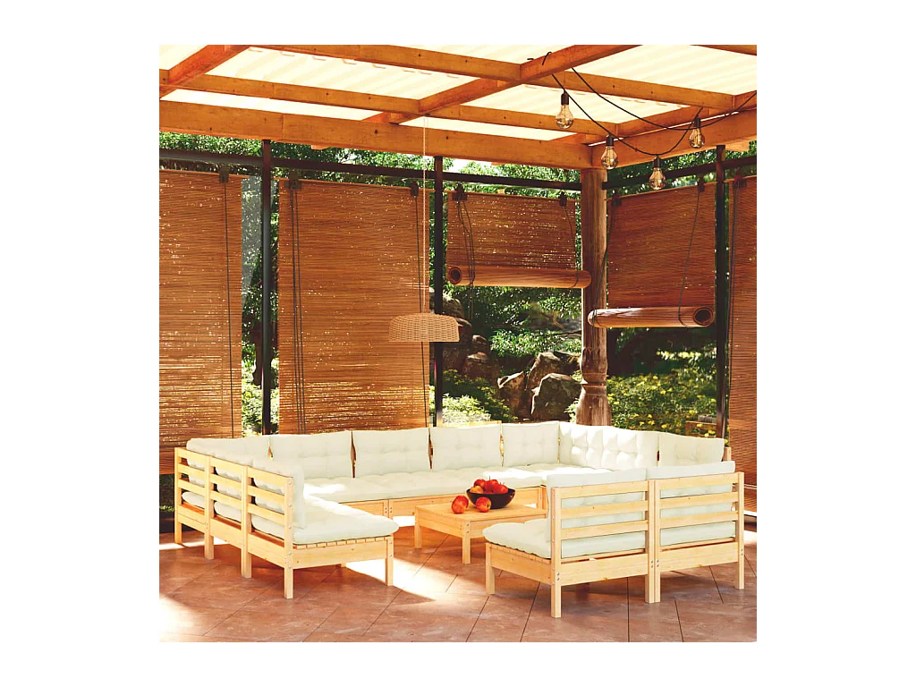 Set Divani da Giardino 12 pz con Cuscini Crema Massello di Pino