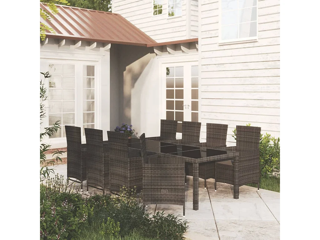 Set da Pranzo da Giardino 9 pz con Cuscini in Polyrattan Nero