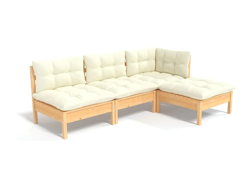 Salon de jardin 4 pcs avec coussins crème Bois de pin