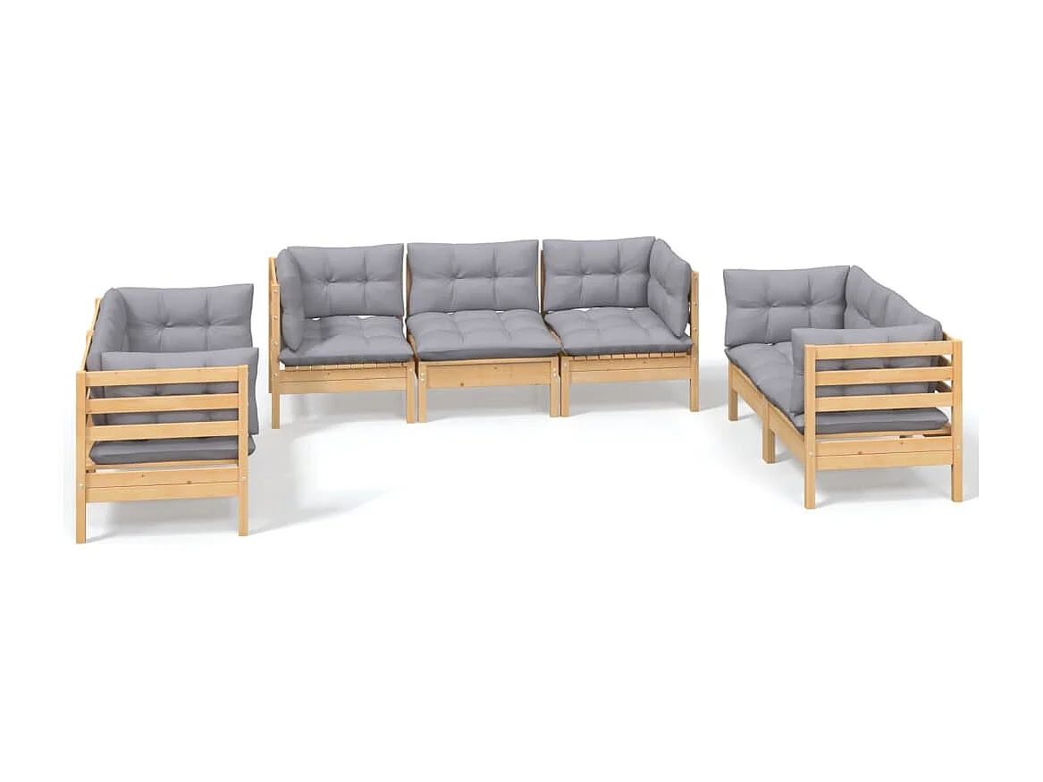 Set Divani da Giardino 7 pz con Cuscini Grigi Massello di Pino
