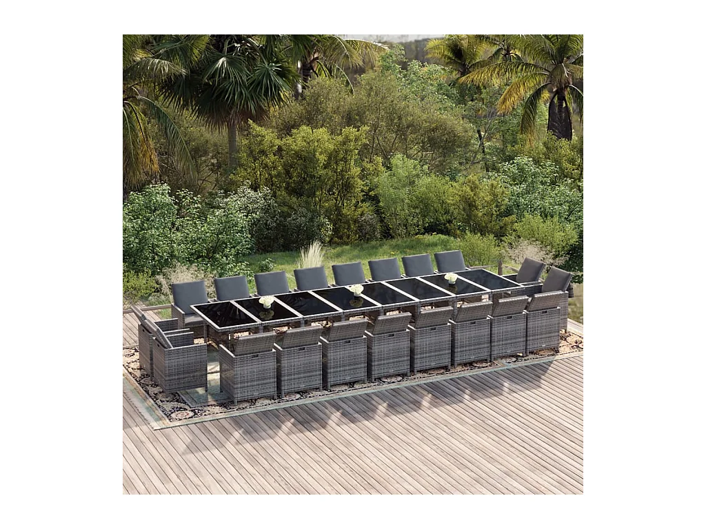 Ensemble à dîner de jardin coussins 21 pcs Gris Résine tressée