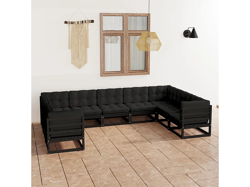 9pcs conjunto longue de jardim c/ almofadões pinho maciço preto