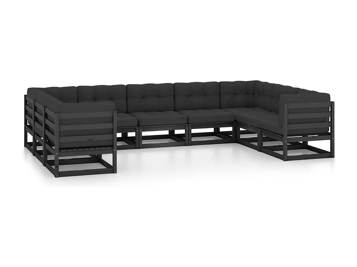 9pcs conjunto longue de jardim c/ almofadões pinho maciço preto
