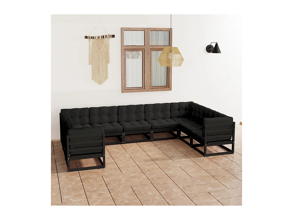 9-delige Loungeset met kussens massief grenenhout zwart
