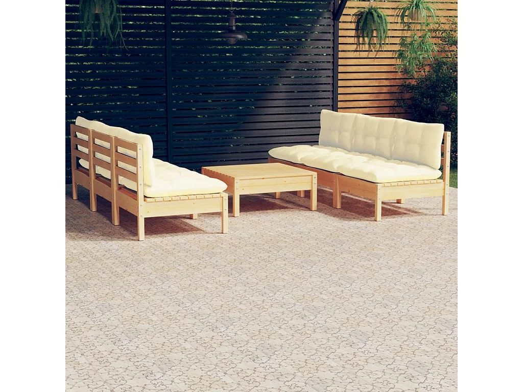 Salon de jardin 7 pcs avec coussins crème bois de pin