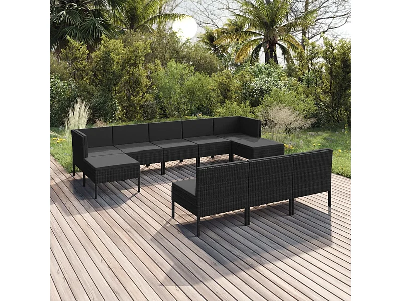 10-delige Loungeset met kussens poly rattan zwart
