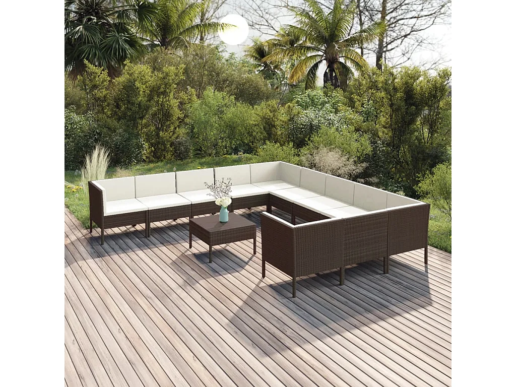 12-delige Loungeset met kussens poly rattan bruin