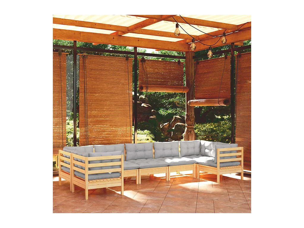 7-tlg. Garten-Lounge-Set mit Grauen Kissen Kiefernholz