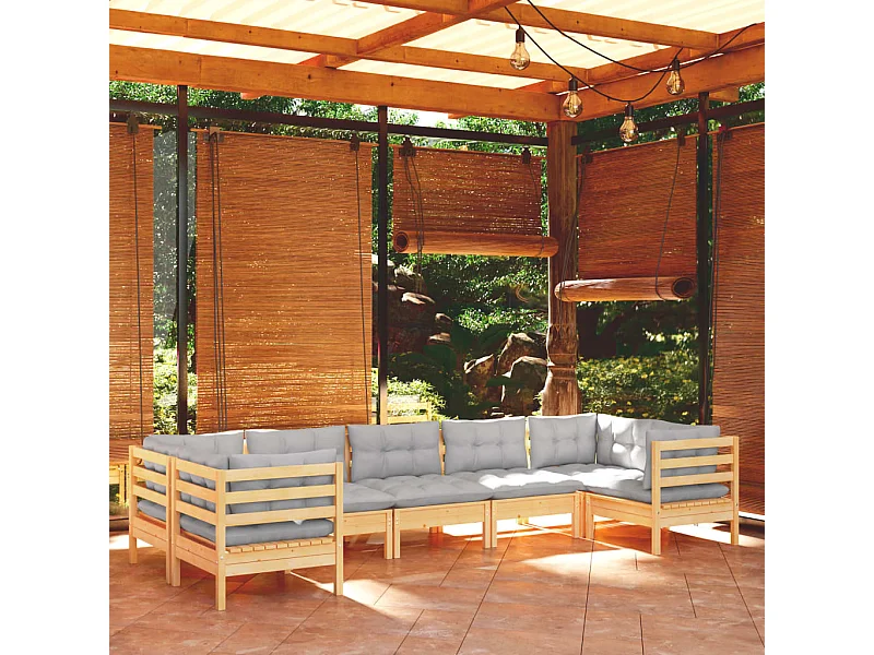 7-tlg. Garten-Lounge-Set mit Grauen Kissen Kiefernholz