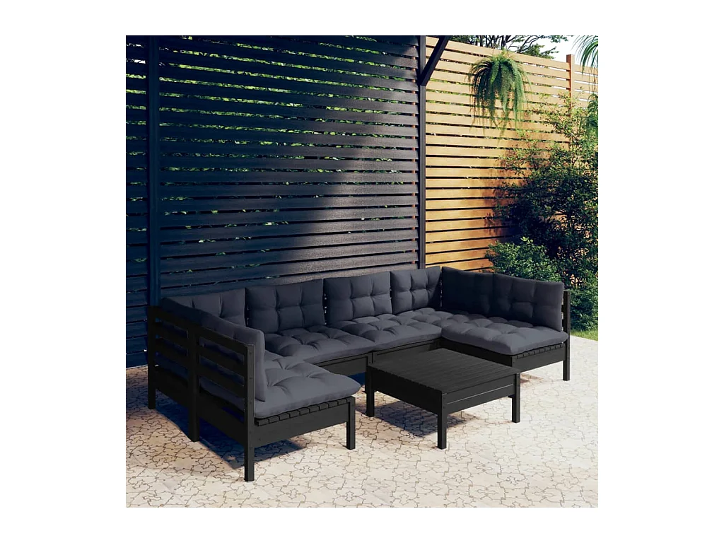 Set Divani da Giardino 7 pz con Cuscini Neri in Legno di Pino