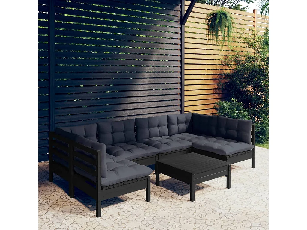 Salon de jardin 7 pcs avec coussins Noir Bois de pin massif