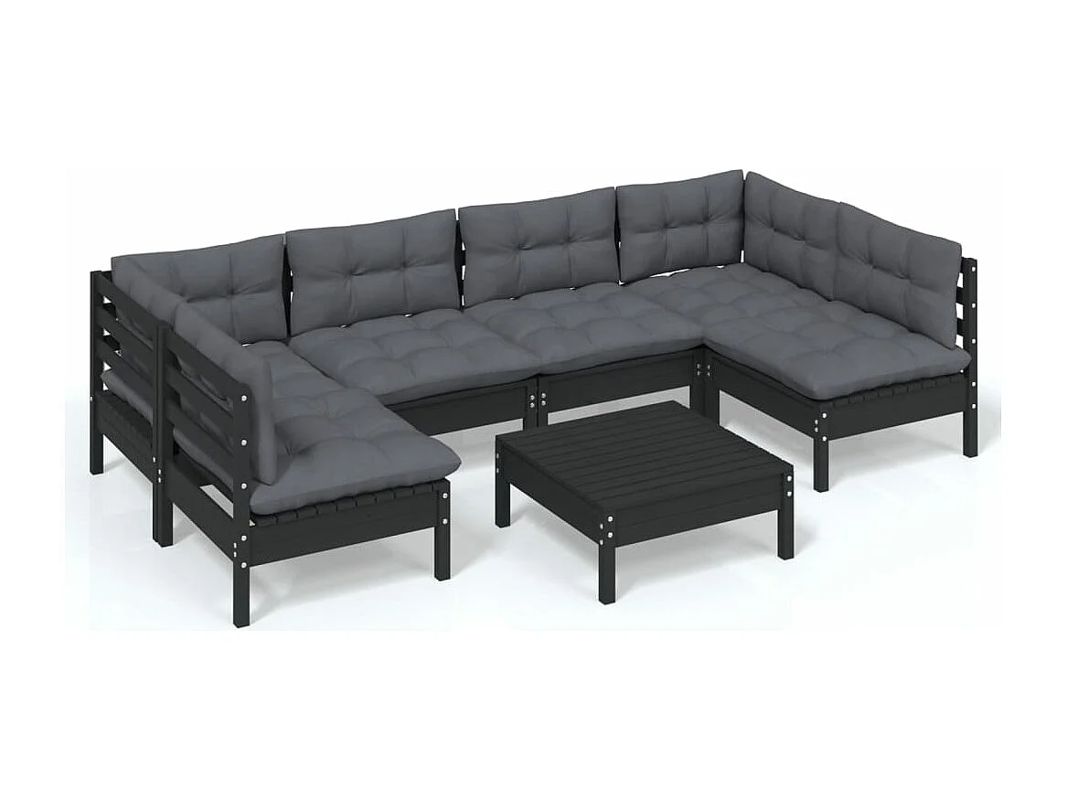 Salon de jardin 7 pcs avec coussins Noir Bois de pin massif