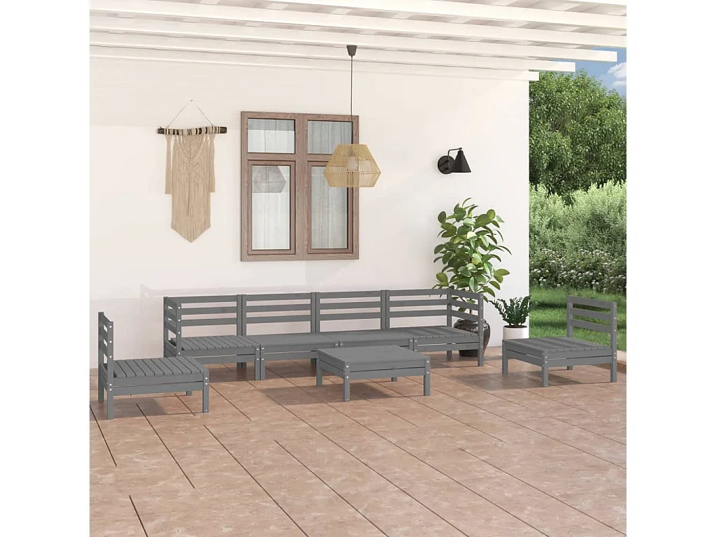 Salon de jardin 7 pcs Gris Bois de pin massif