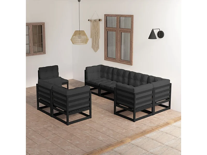 Muebles de jardín 8 pzas y cojines madera maciza pino