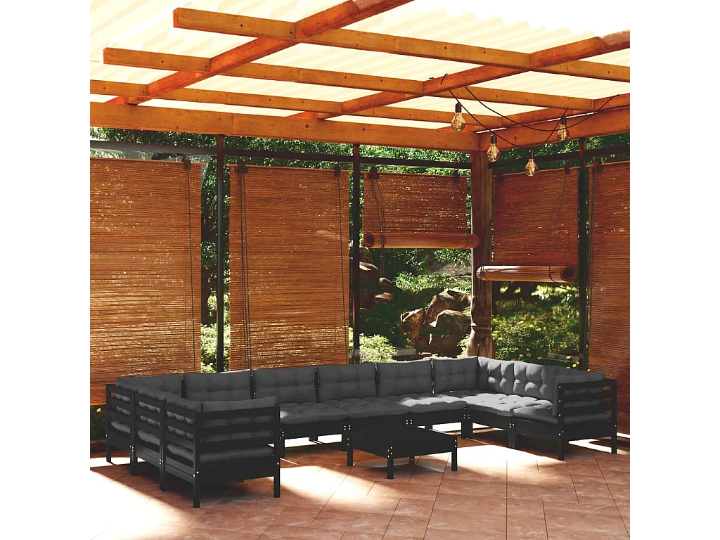 11-tlg. Garten-Lounge-Set mit Kissen Schwarz Kiefernholz